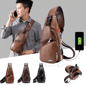 Men USB Charging Bag Men Chest Bag For Custom PU PVC Shoulder Bag Diagonal Package Messenger Travel Bag Cross Body Bags (Color: Light Brown)